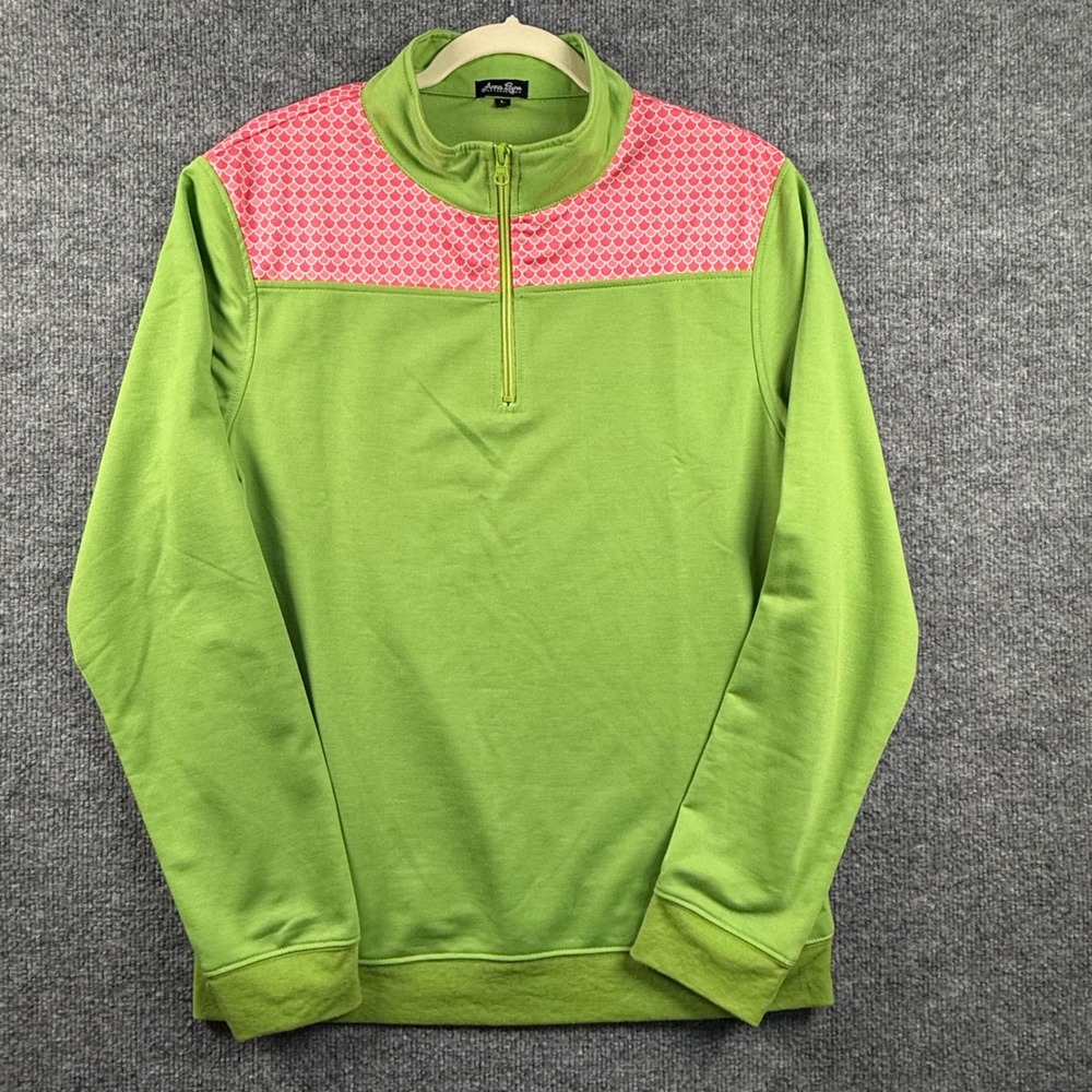 Anna Lane Retro Sweatshirt Women Large 1/4 Zip Pullover Lime‎ Green Pink Mermaid